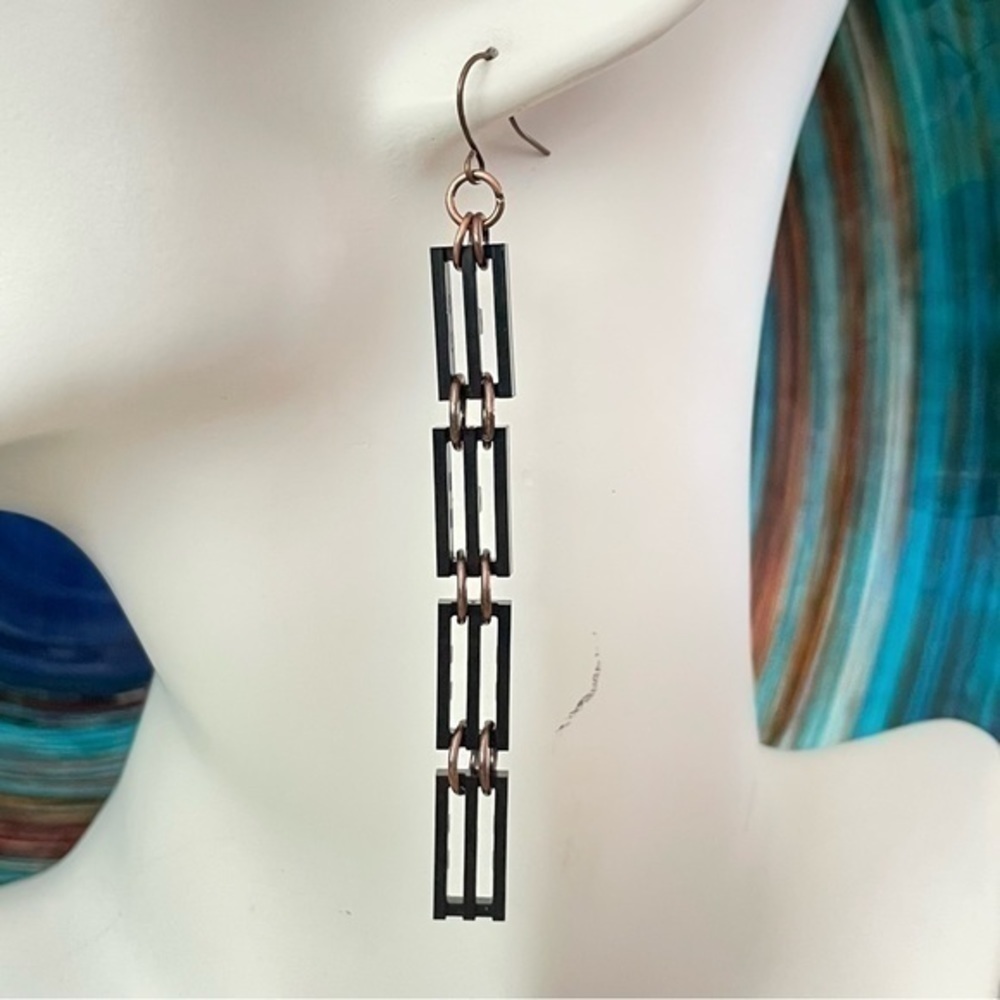 2/$29 Handmade Lego Long Black Dangle Statement Earrings 3.5β Upcycle OOAK - Picture 3 of 4